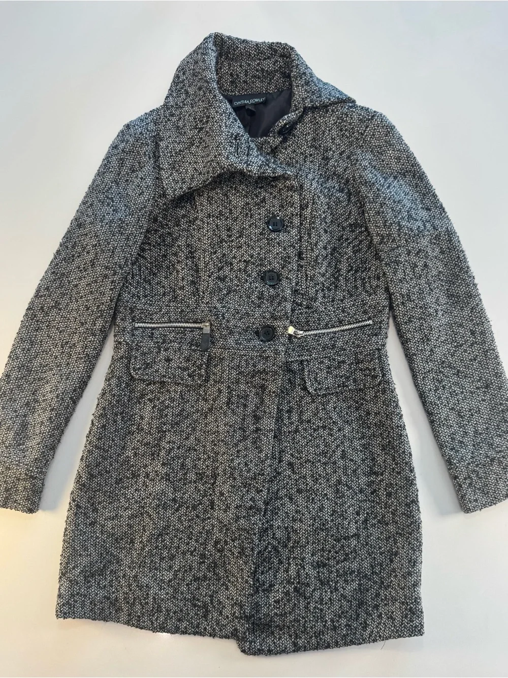 Cynthia Rowley Black & White Tweed Pea Coat with Zip Accents - Picture 4 of 8